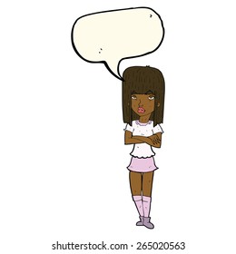 cartoon girl with crossed arms with speech bubble