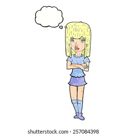 cartoon girl with crossed arms with thought bubble