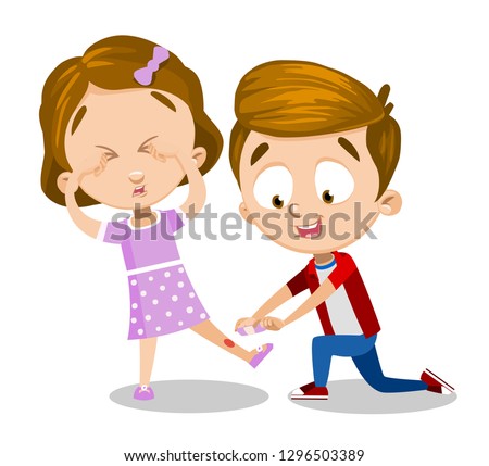 Cartoon girl crying because of the cut on leg. Little boy putting on bandage vector illustration. Friendship and childhood concept. Isolated on white background