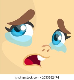 Cartoon girl crying expression face avatar. Cute cartoon vector girl face expressions set