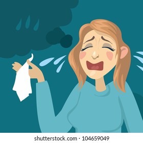 Cartoon Girl Crying. Girl With A Handkerchief And Tears