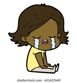 cartoon girl crying sat on floor