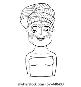 cartoon girl with cucumber face mask. book coloring. vector
