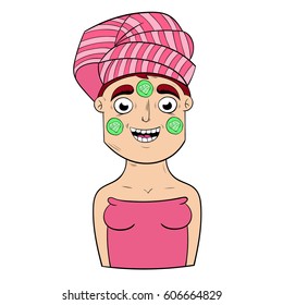 cartoon girl with cucumber face mask. book coloring. vector