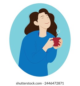 Cartoon girl with a cup of coffee in her hands, closed her eyes in pleasure, isolate on white, flat vector