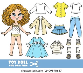 Cartoon girl with curle haired and clothes separately -  elegant dress, shirt, jeans and sandals doll for dressing