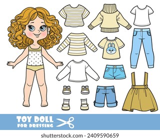 Cartoon girl with curle haired and clothes separately -  skirt, shirt, denim blue shorts, jeans and sandals doll for dressing