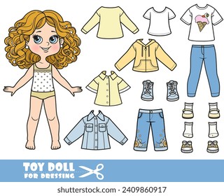 Cartoon girl with curle haired and clothes separately -  denim jacket, breeches, jacket, shirt, jeans and sandals doll for dressing