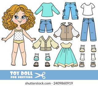 Caricaturista con pelo rizado y ropa por separado - cardigan, vestido, pantalones cortos, camisa, jeans y sandalias muñeca para vestirse