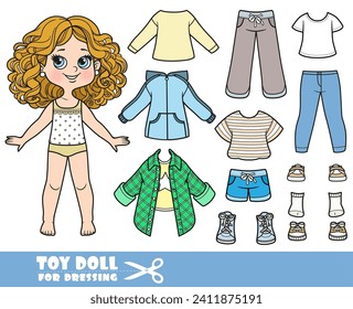 Cartoon girl with curle haired and clothes separately -  shirts, shorts, jeans and sandals doll for dressing