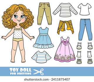 Cartoon girl with curle haired and clothes separately -  shirts, casual dress, jeans and sandals doll for dressing