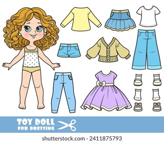 Cartoon girl with curle haired and clothes separately -  skirt, shirts, casual dress, jeans and sandals doll for dressing