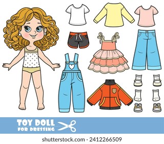 Cartoon girl with curle haired and clothes separately - sundress, shirts, denim overalls, jacket, jeans and sandals doll for dressing