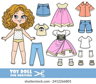 Cartoon girl with curle haired and clothes separately - Dirndl, casual dress, leggings. shorts, shirts and sandals doll for dressing