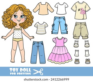 Cartoon girl with curle haired and clothes separately - casual dress, shorts, shirts and sandals doll for dressing