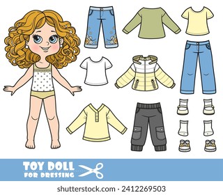 Cartoon girl with curle haired and clothes separately - jacket, shorts, shirts, jeans and sandals doll for dressing