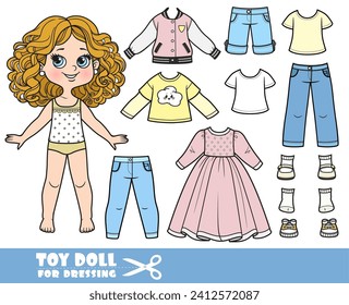 Cartoon girl with curle haired and clothes separately - elegant dress, sport jacket, shorts, shirts, jeans and sandals doll for dressing