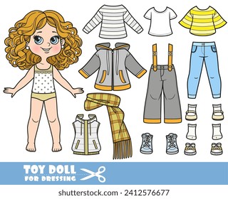 Cartoon girl with curle haired and clothes separately -  insulated set of jacket and trousers, scarf, boots, jeans and -shirts