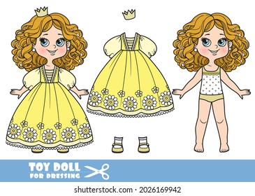Cartoon girl with curle haired in underwear, dressed and clothes separately - lush ball yellow dress, crown and sandals doll for dressing
