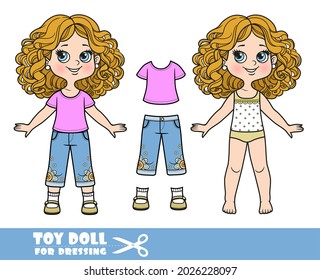 Cartoon girl with curle haired in underwear, dressed and clothes separately - T-shirt, breeches and sandals doll for dressing