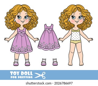 Cartoon girl with curle haired in underwear, dressed and clothes separately -  purple dress with flowers and sandals doll for dressing
