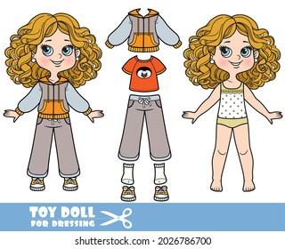 Cartoon girl with curle haired in underwear, dressed and clothes separately -  t-shirt with a penguin, sweatpants and sneakers doll for dressing