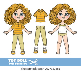 Cartoon girl with curle haired in underwear, dressed and clothes separately - stripped T-shirt,beige jeans and sandals doll for dressing