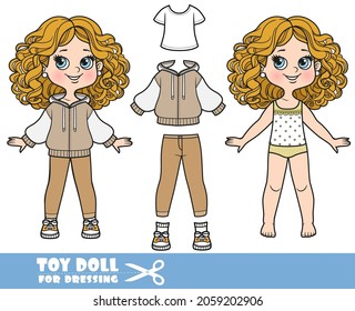 Cartoon girl with curle haired in underwear, dressed and clothes separately - beige hooded sweatshirt , white T-shirt, jeans, sneakers doll for dressing