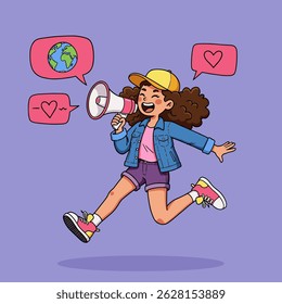 
A cartoon girl with curly hair, wearing a denim jacket and a yellow cap, shouts into a megaphone.