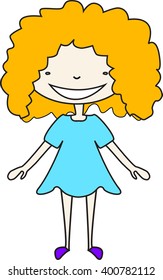 Cartoon girl with curly yellow hair in blue dress. Vector illustration hand drawn. T-shirt print. ?ute girl. Pretty kid. Cartoon girl. Little child. Vector girl pattern. Beautiful kid.