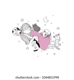 A cartoon girl and cute cats are asleep. A night sky with a moon and stars.