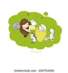 A cartoon girl and cute cats sleeping. Lovely Pets. Summer sleep.