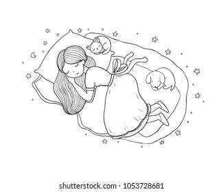 A cartoon girl and cute cats sleeping. Lovely Pets. 