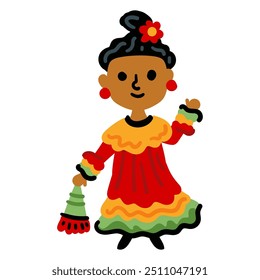 Menina dos desenhos animados dançando, comemoração do Cinco de maio. Garota de beleza mexicana