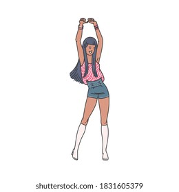 Cartoon girl dancing isolated on white background - young happy woman standing in dance pose with arms above her head. Flat vector illustration.