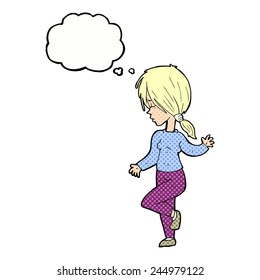cartoon girl dancing with thought bubble