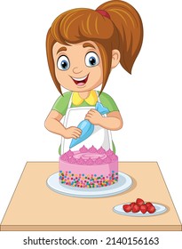 Cartoon Girl Decorating A Birthday Cake