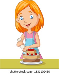 Cartoon Girl Decorating A Cake