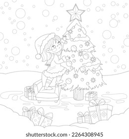 Cartoon girl decorating Christmas tree with presents and snow sketch template. Winter vector illustration in black and white for games, background, pattern, decor. Coloring paper, page, story book