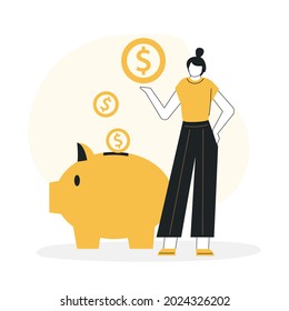 Cartoon girl depositing money. Business woman invest to new startup project. Employee puts golden coins into piggy bank. Concept of finance, deposit and management. Change color. Vector illustration