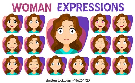 Cartoon girl with different facial expressions and emotions.