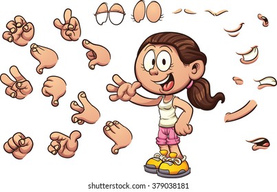 Cartoon girl with different poses and expressions. Vector clip art illustration with simple gradients. Some elements are on separate layers.