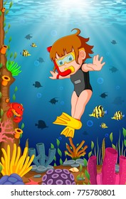 Cartoon girl diving in the sea
