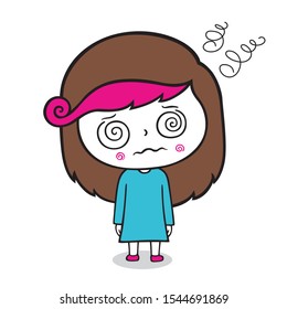 Cartoon girl with dizziness and fatigue, vector illustration standing dazed.