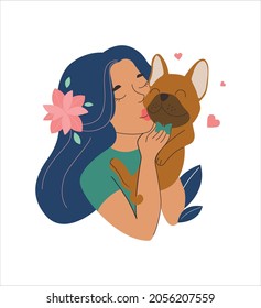 The cartoon girl and dog in love is good for friendship and pet day. The puppy is a bulldog  for poster, sticker, National days, holidays. The vector illustration