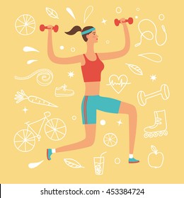 Cartoon Girl Doing Exercise With Weights. Including Doodle Decorative Elements Such As Food, Sport Equipment And Health Symbols. Healthy Lifestyle Illustration For Your Design.