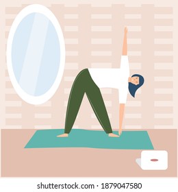 Cartoon girl doing fitness online at home. Vector in flat style.
Fitness training practice in the apartment. Family quarantine. Healthy lifestyle. Sportswear.