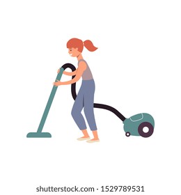 Cartoon girl doing housework using a vacuum cleaner, happy ginger child helping clean the house by vacuuming the floor, flat isolated vector illustration on white background