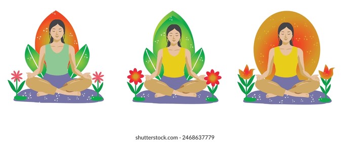 Cartoon girl doing meditation with flower and leaves, vector gradient illustration