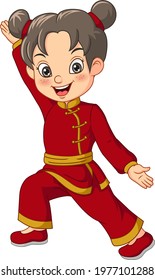 Cartoon girl doing physical exercise wushu